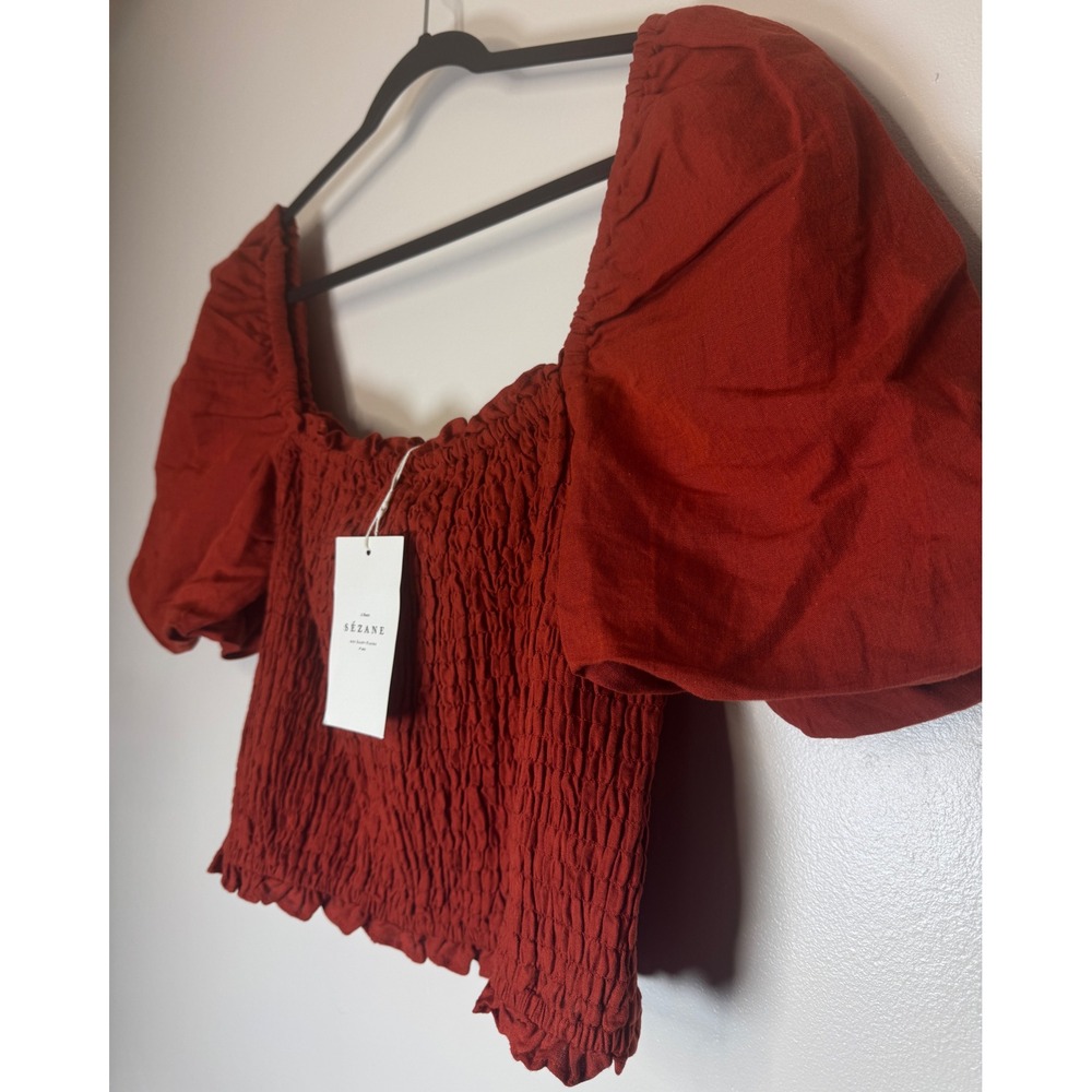 Sezane Red Smocked Puff Sleeve Crop Top Cotton Linen Blend Sz 46 NEW - Picture 3 of 9